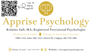 Business card for Apprise Psychology, offering psychological assessment and therapy services